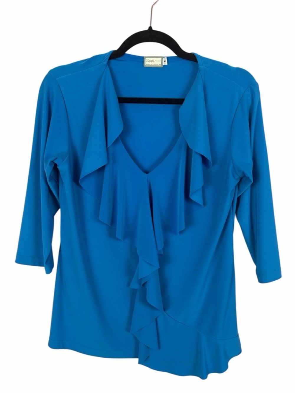 Sympli Blue Ruffle Front Top V-Neck 3/4 Sleeve Made in Canada Size 6